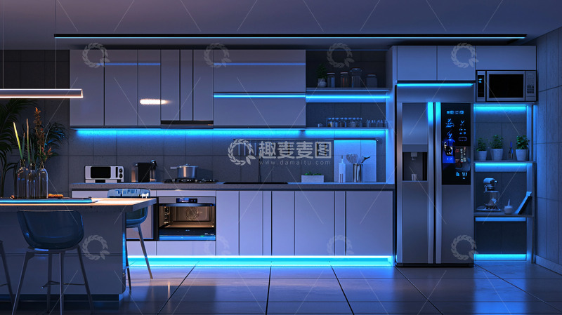 高清大图下载【趣麦麦图】现代化厨房蓝光氛围灯