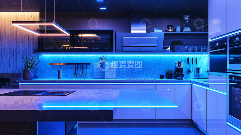 高清大图下载【趣麦麦图】现代化厨房蓝色氛围灯