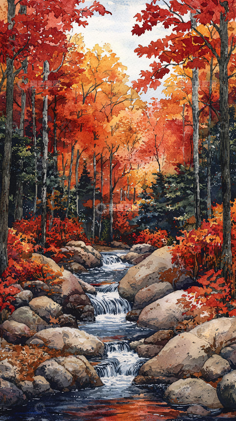 高清大图下载【趣麦麦图】秋日森林溪流风景画