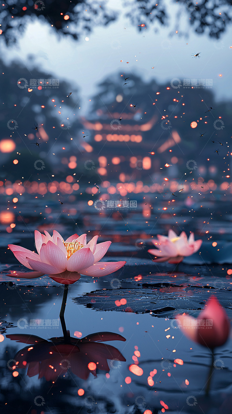 高清大图下载【趣麦麦图】粉色荷花池塘夜景