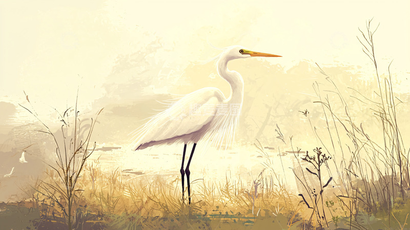 高清大图下载【趣麦麦图】白鹭在金色草地