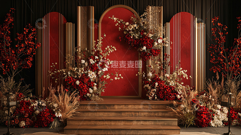 高清大图下载【趣麦麦图】红色金色婚礼舞台背景