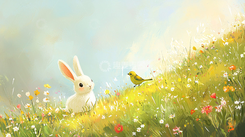 高清大图下载【趣麦麦图】小白兔与小鸟