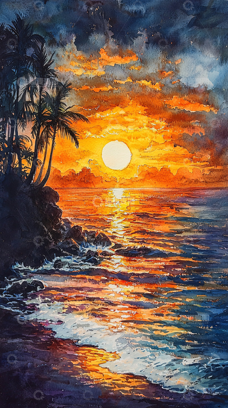 高清大图下载【趣麦麦图】热带海滩日落水彩画