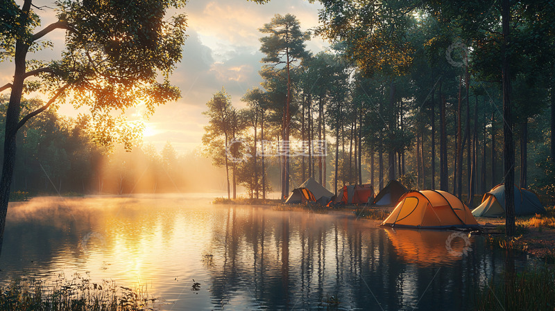 高清大图下载【趣麦麦图】清晨湖边露营帐篷