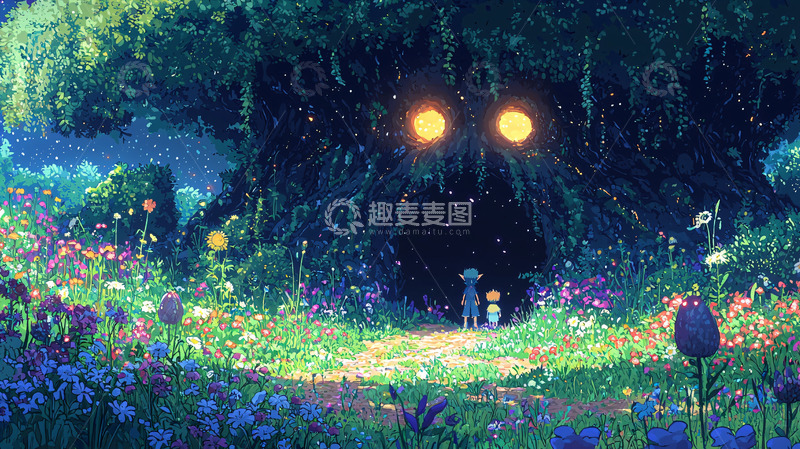 高清大图下载【趣麦麦图】树洞前的两个小孩