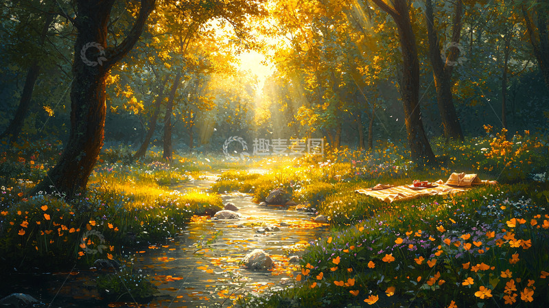 高清大图下载【趣麦麦图】森林小溪阳光