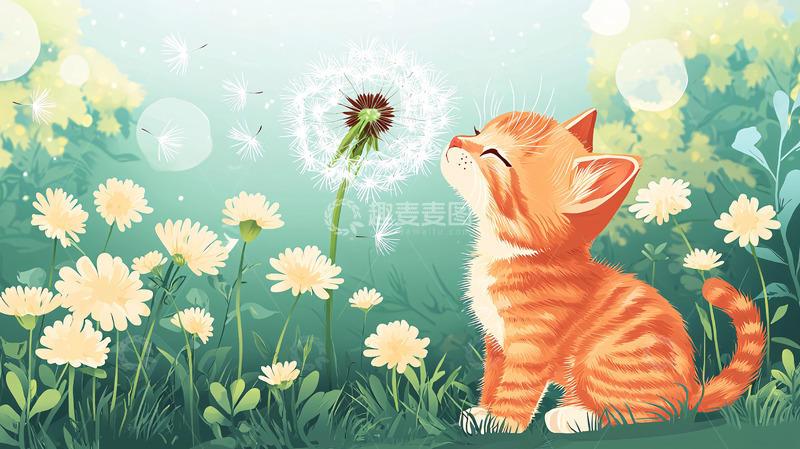 高清大图下载【趣麦麦图】小猫吹蒲公英