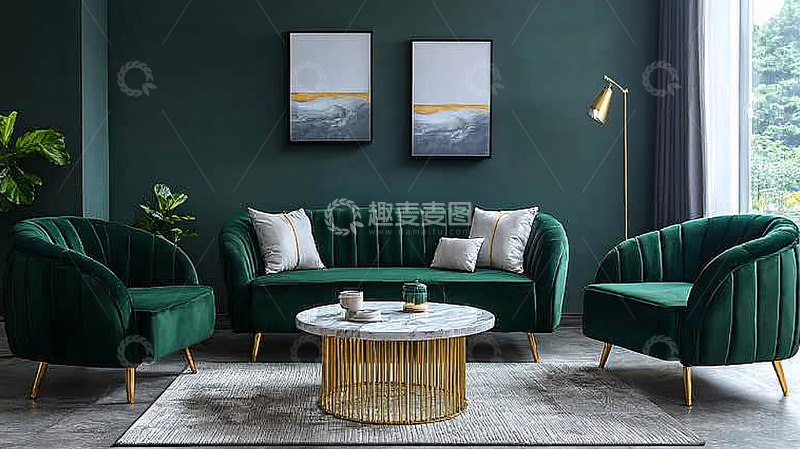 高清大图下载【趣麦麦图】墨绿色绒面沙发套装
