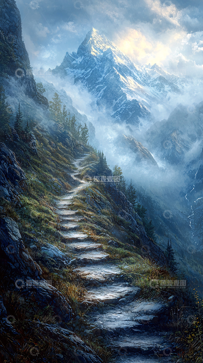 高清大图下载【趣麦麦图】山间小路通向雪山