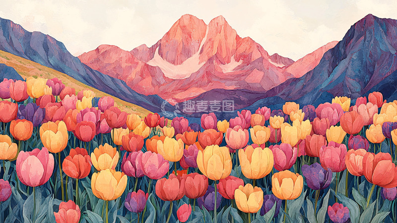 高清大图下载【趣麦麦图】郁金香花海山峰背景