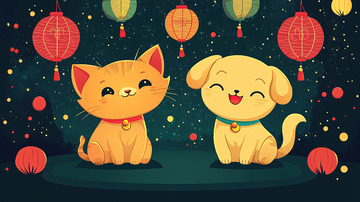 卡通猫咪狗狗元宵节