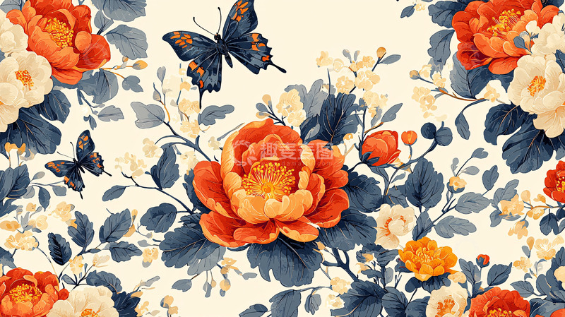 高清大图下载【趣麦麦图】水墨风格花卉蝴蝶图案