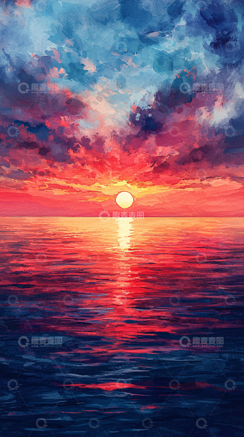 高清大图下载【趣麦麦图】海上日落油画风格