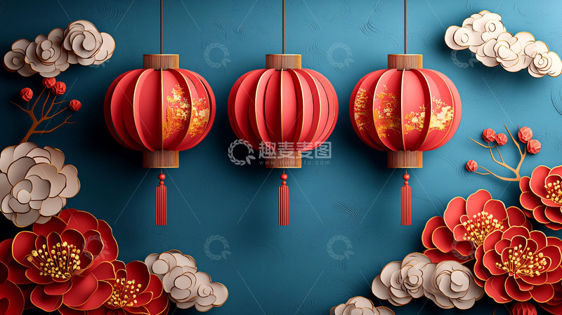 高清大图下载【趣麦麦图】中式红灯笼花朵背景