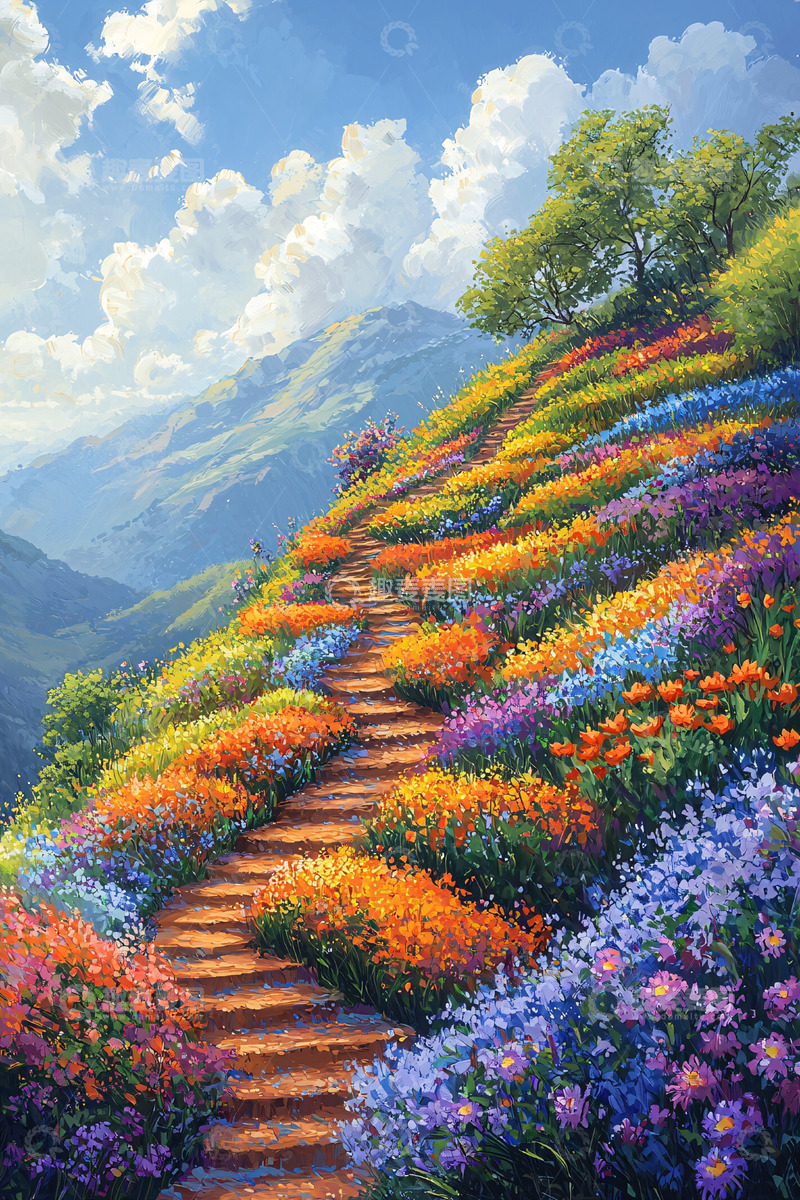 高清大图下载【趣麦麦图】山间花海石阶小路