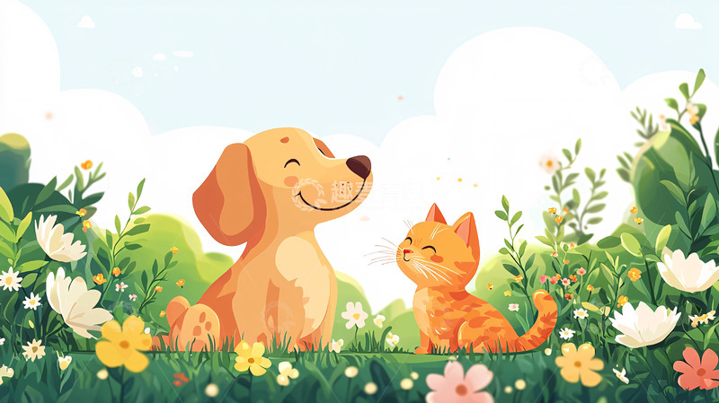 高清大图下载【趣麦麦图】小狗和小猫在草地上玩耍