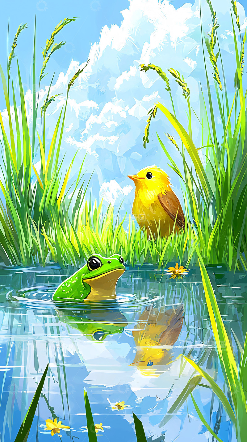 高清大图下载【趣麦麦图】青蛙和黄鸟的春日图画