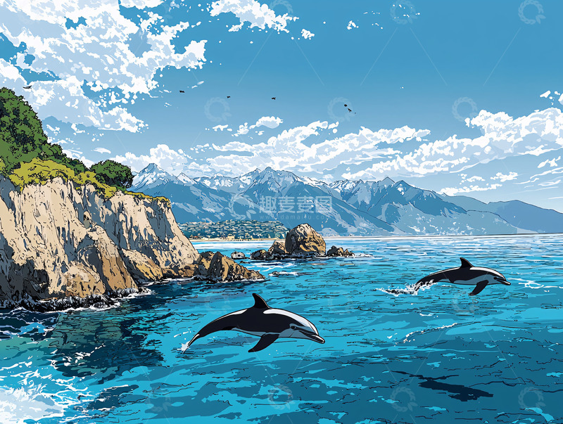 高清大图下载【趣麦麦图】海边跳跃的海豚