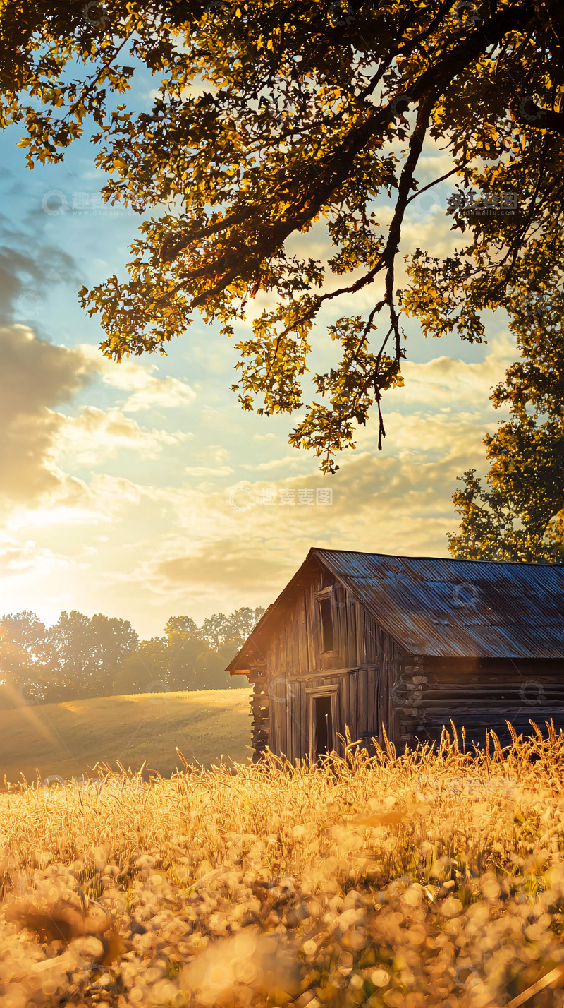 高清大图下载【趣麦麦图】金色田野里的老木屋日落