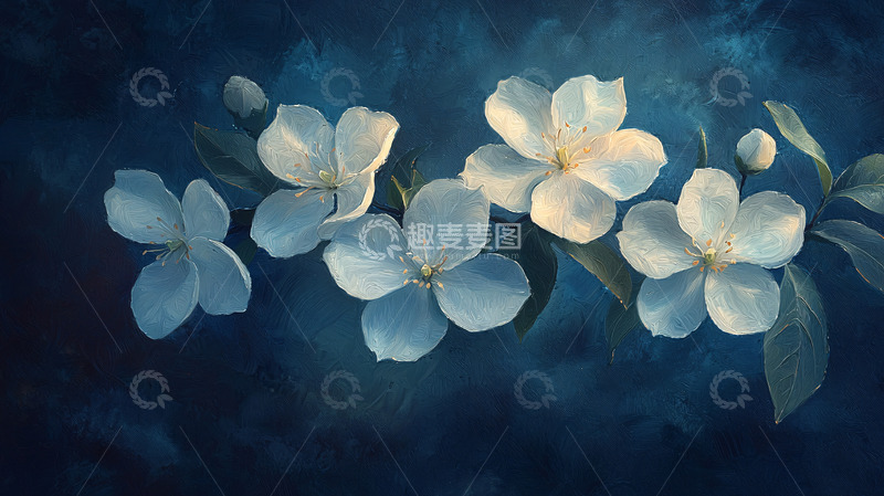 高清大图下载【趣麦麦图】暗蓝色背景下的白色苹果花