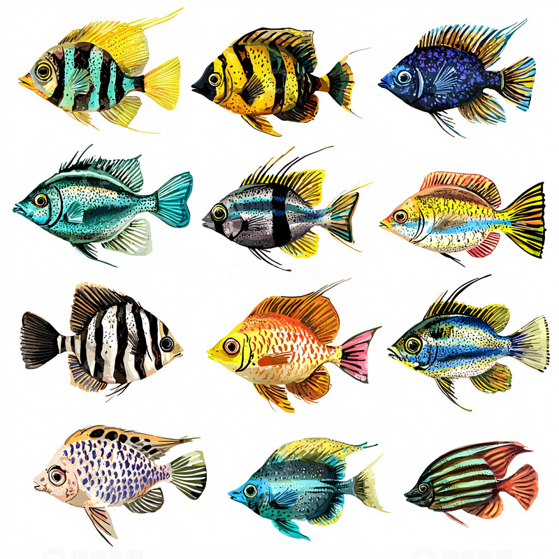 高清大图下载【趣麦麦图】热带鱼水彩画素材