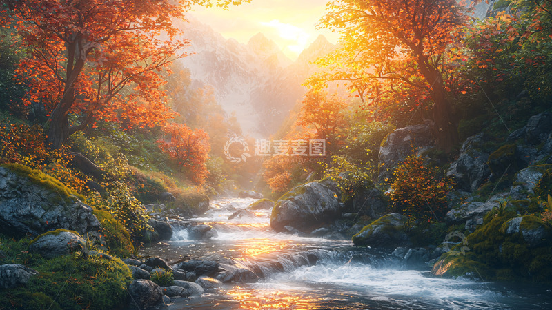 高清大图下载【趣麦麦图】秋季森林小溪流的风景