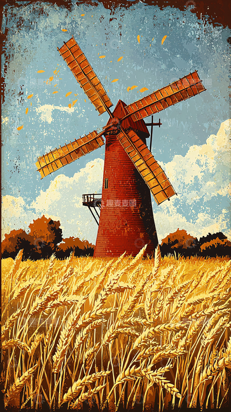 高清大图下载【趣麦麦图】红色风车麦田风景画