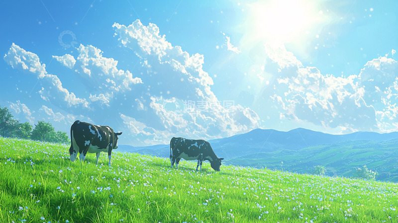 高清大图下载【趣麦麦图】阳光下两头奶牛在绿草地