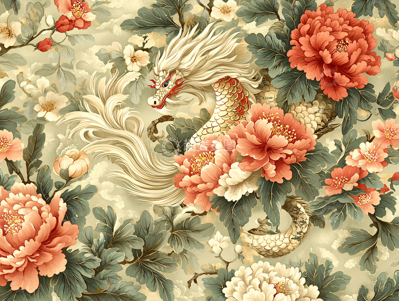 高清大图下载【趣麦麦图】祥龙牡丹花卉图