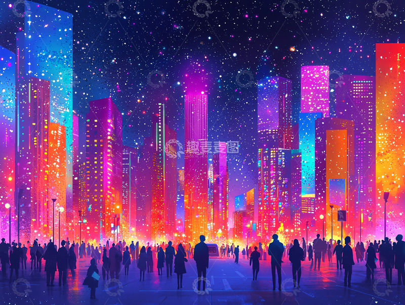 高清大图下载【趣麦麦图】霓虹灯城市夜景人群
