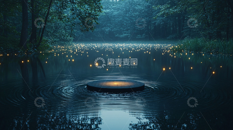 高清大图下载【趣麦麦图】夜晚森林湖泊漂浮光点