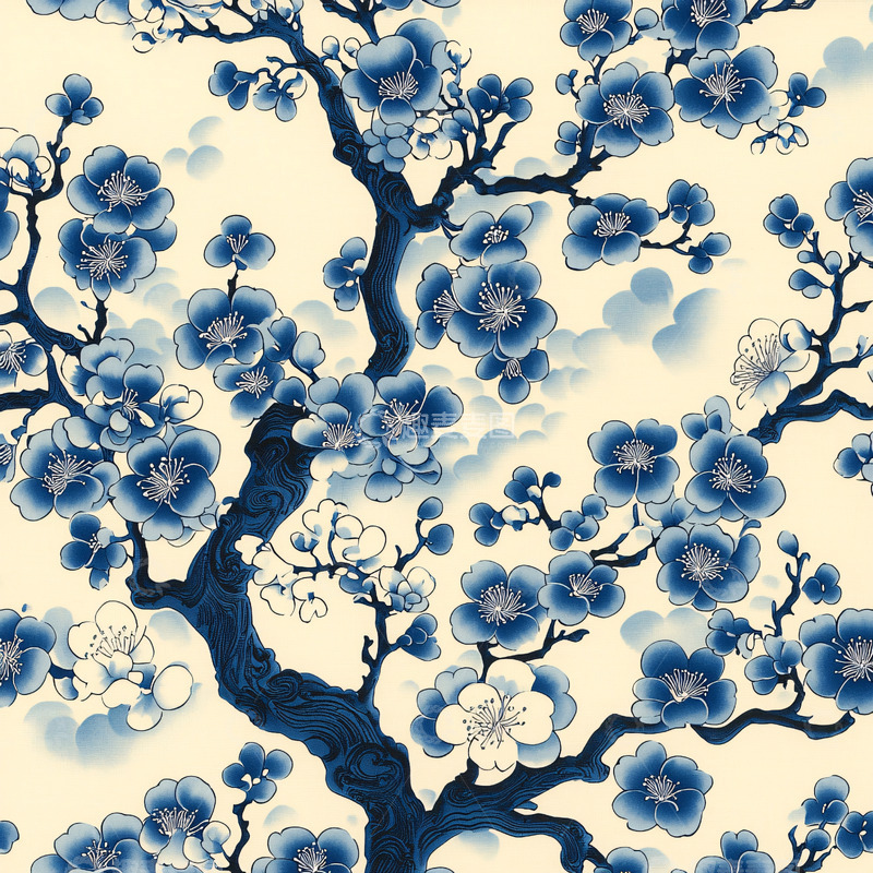 高清大图下载【趣麦麦图】蓝白梅花水墨画