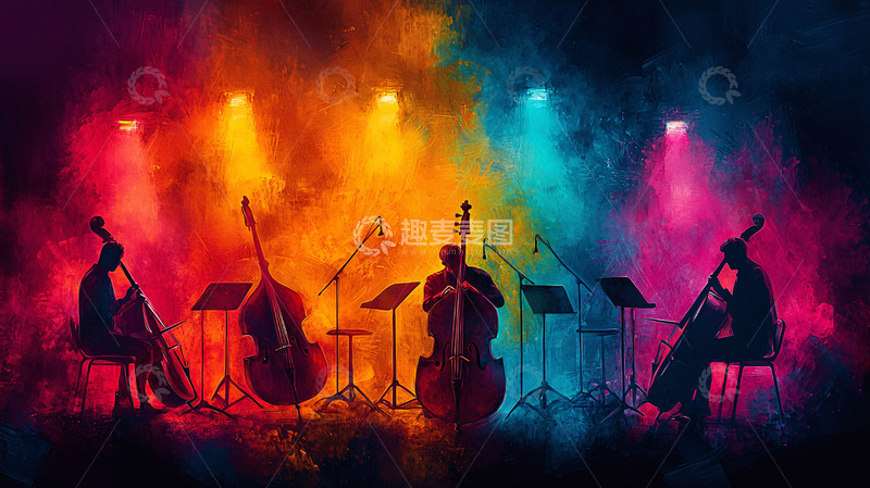 高清大图下载【趣麦麦图】彩色烟雾背景下的低音提琴乐团