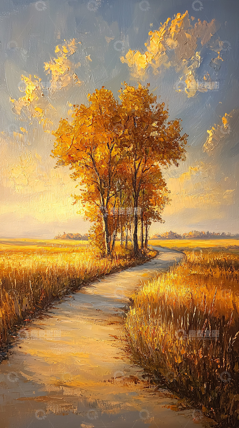 高清大图下载【趣麦麦图】秋日田园小路油画