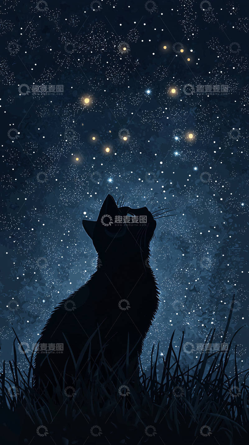 高清大图下载【趣麦麦图】黑猫仰望星空
