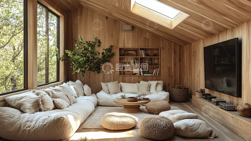 高清大图下载【趣麦麦图】木质小屋舒适客厅