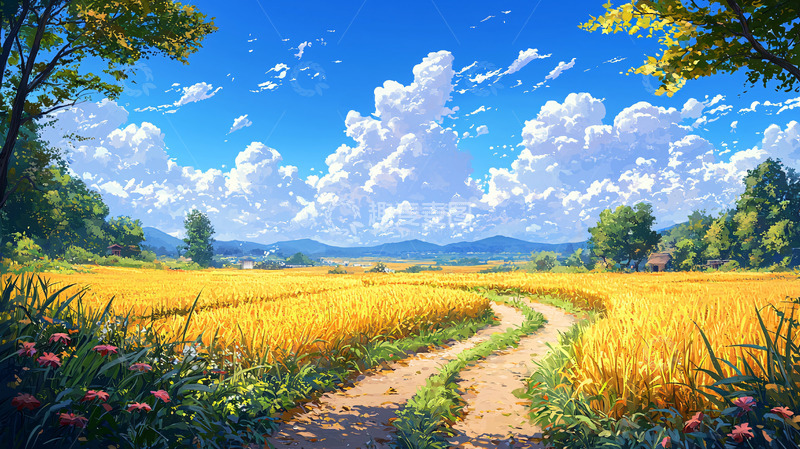 高清大图下载【趣麦麦图】金色麦田小路蓝天白云