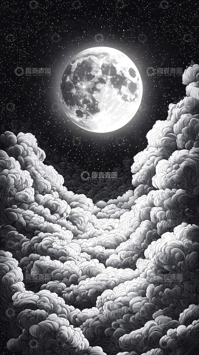高清大图下载【趣麦麦图】黑夜满月云海星空