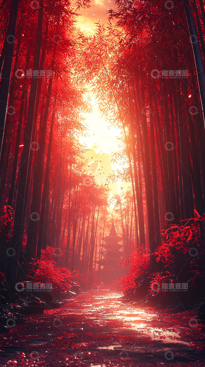 高清大图下载【趣麦麦图】红色竹林中