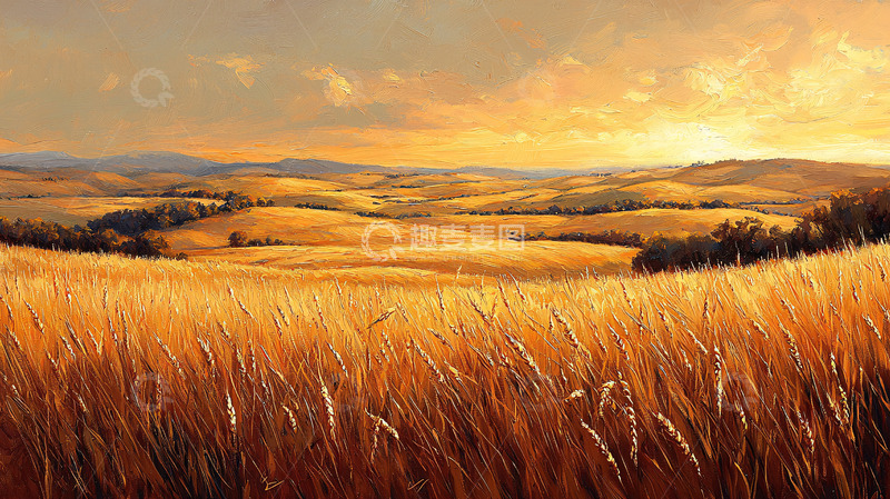 高清大图下载【趣麦麦图】金黄麦田夕阳下的田园风光
