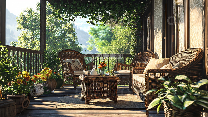 高清大图下载【趣麦麦图】清晨阳光下的乡村阳台