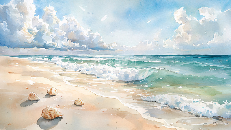 高清大图下载【趣麦麦图】水彩海滩风景