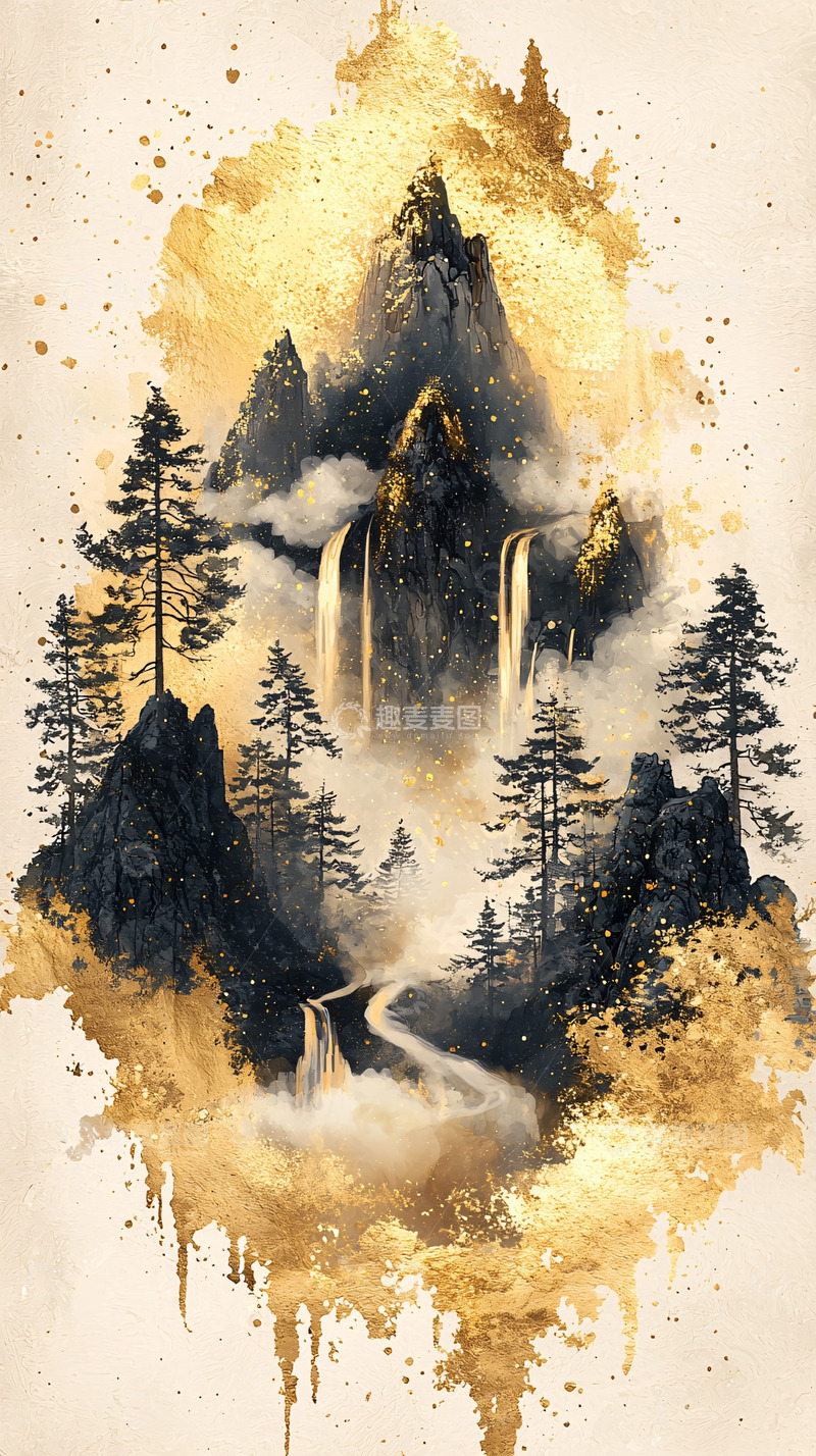 高清大图下载【趣麦麦图】金色山水瀑布水墨画