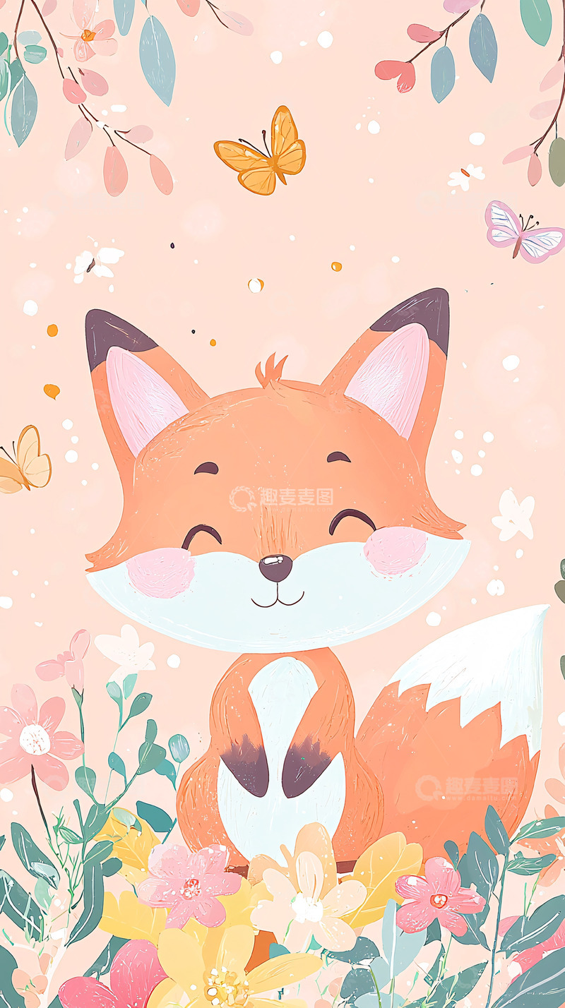 高清大图下载【趣麦麦图】粉色花丛中的小狐狸