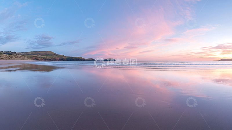 高清大图下载【趣麦麦图】平静海滩日落倒影