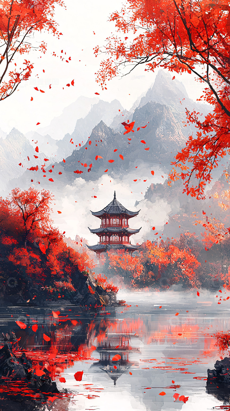 高清大图下载【趣麦麦图】红叶枫叶秋景古塔