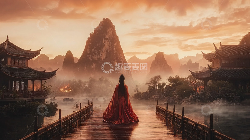 高清大图下载【趣麦麦图】红衣女子远眺山水