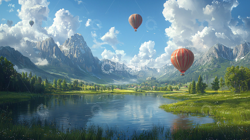 高清大图下载【趣麦麦图】热气球飞越阿尔卑斯山