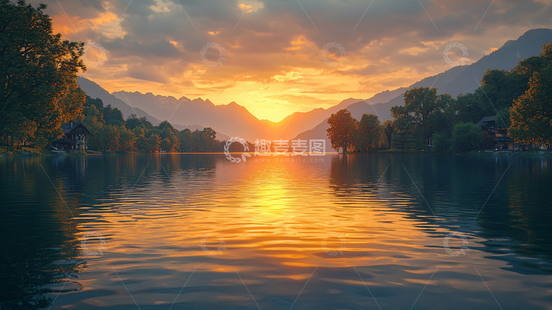 高清大图下载【趣麦麦图】夕阳西下湖光山色